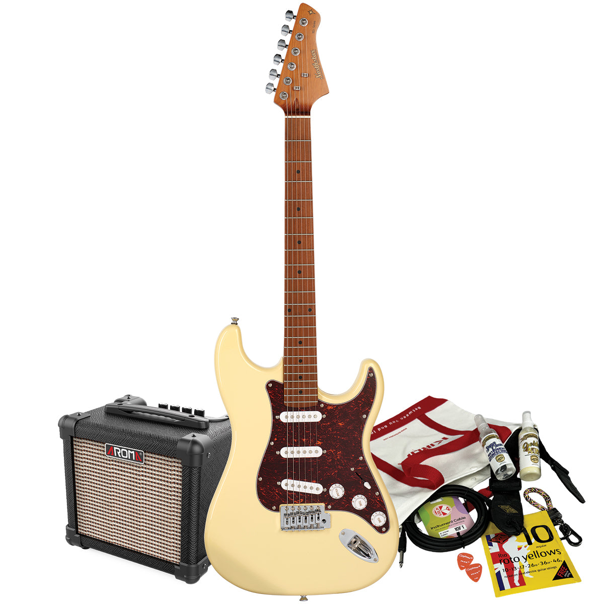 Northstar S-Style Electric Guitar Vintage White with Aroma 10W Amp & Accessory Pack