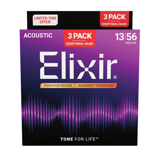 Elixir 16570 Nanoweb Phosphor Bronze 13-56 3 Pack Medium # 16546