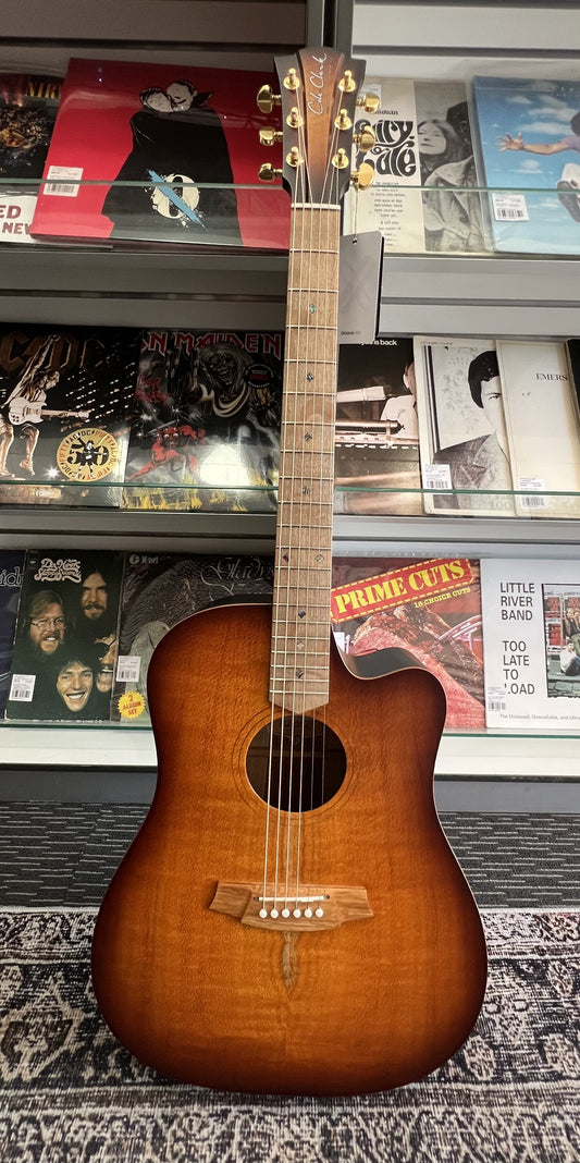 Cole Clark FL2EC Dreadnought Silky Oak in Sunburst top back and sides cutaway