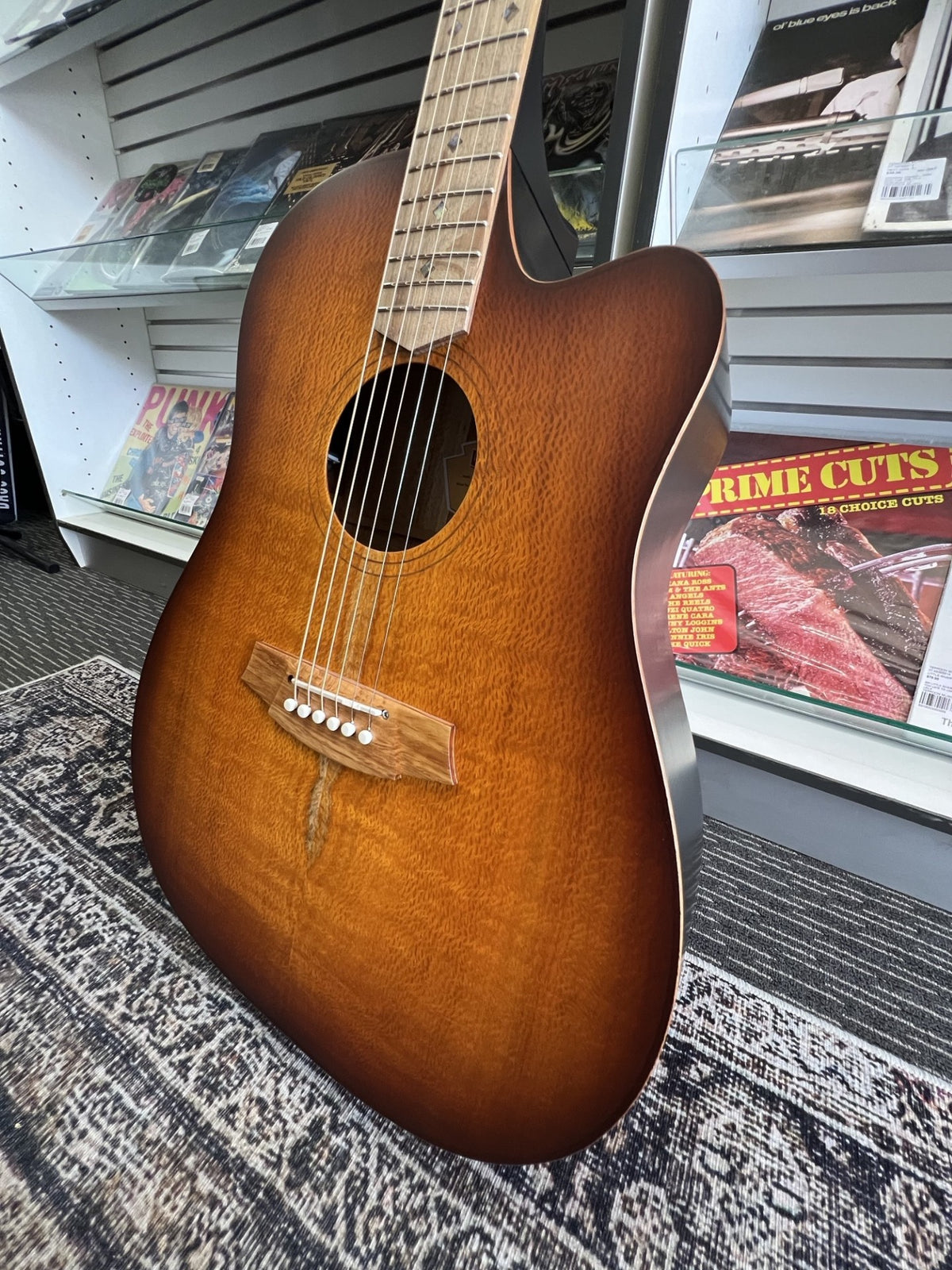 Cole Clark FL2EC Dreadnought Silky Oak in Sunburst top back and sides cutaway
