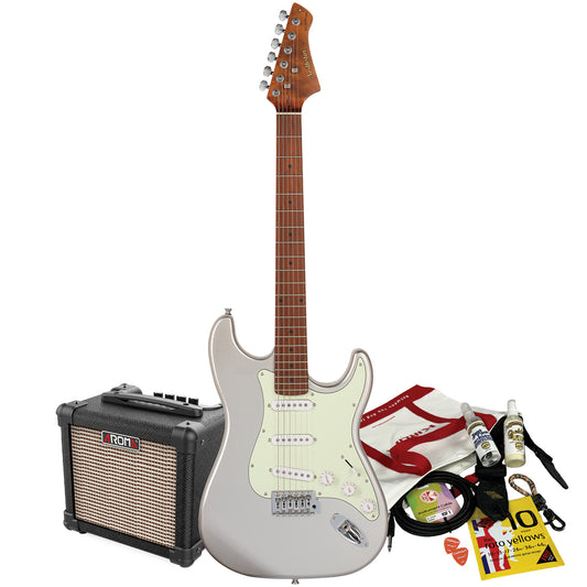 Northstar S-Style Electric Guitar Inca Silver with Aroma 10W Amp & Accessory Pack