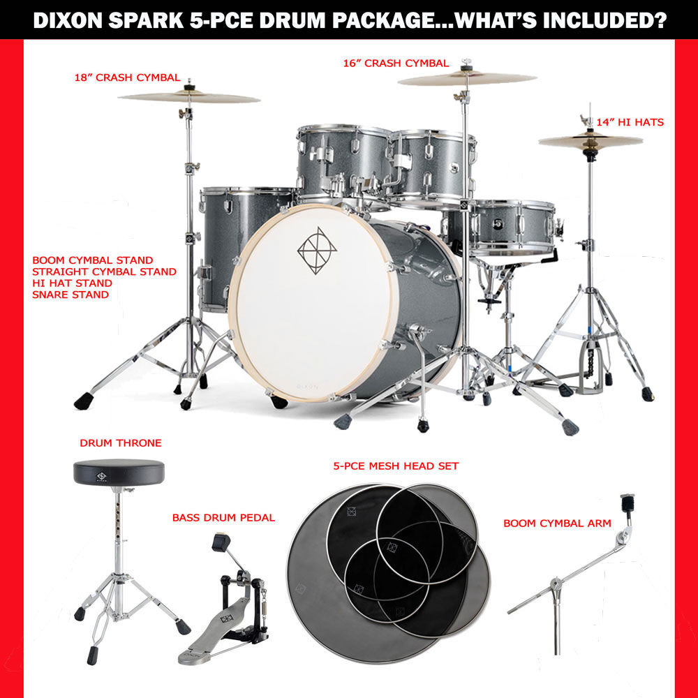 Dixon Spark Standard Series 5-Pce Drum Kit with Cymbals in Gun Metal