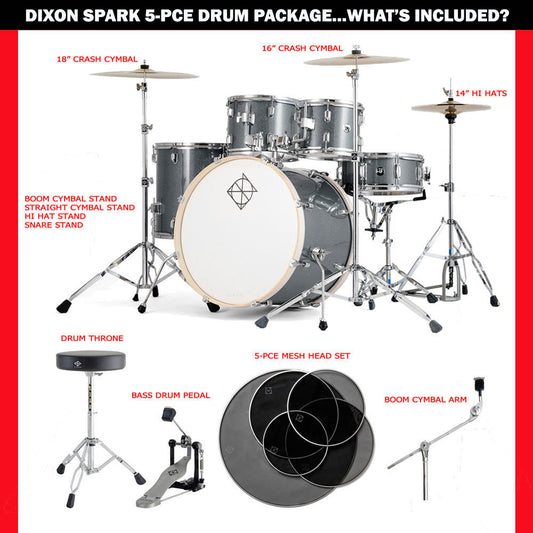 Dixon Spark Standard Series 5-Pce Drum Kit with Cymbals in Gun Metal