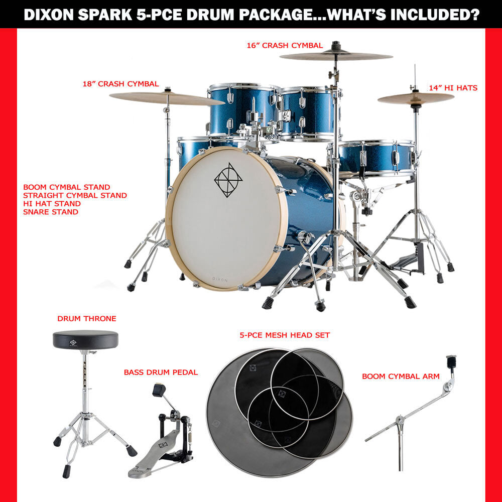 Dixon Spark Standard Series 5-Pce Drum Kit in Ocean Blue Sparkle